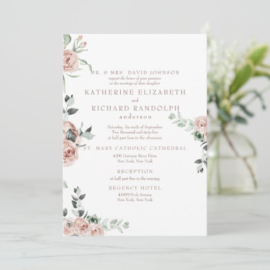 ピンクエレガントフラワーズユーカリプトゥス2ヴェニュー結婚ス 招待状 (スタンド正面)