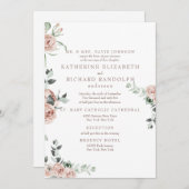 ピンクエレガントフラワーズユーカリプトゥス2ヴェニュー結婚ス 招待状 (正面/裏面)