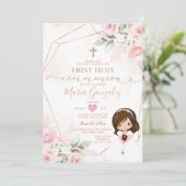 ピンクエレガントフローラかわいい女の子ファースト聖餐式 招待状 (スタンド正面)