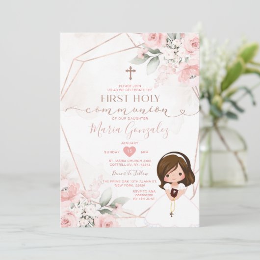 ピンクエレガントフローラかわいい女の子ファースト聖餐式 招待状 (スタンド正面)