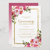 ピンクエレガントフローラとゴールデンフレームキンセアニェラ 招待状 (正面/裏面)