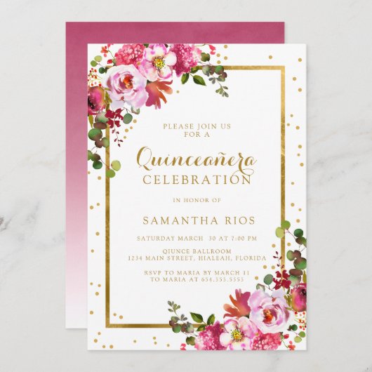 ピンクエレガントフローラとゴールデンフレームキンセアニェラ 招待状 (正面/裏面)