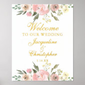 ピンクエレガントフローラへようこそ結婚我々の金ゴールド 箔ポスター (正面)