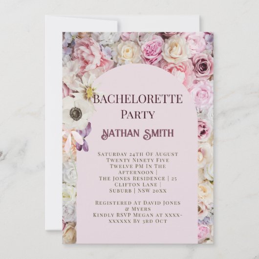 ピンクエレガントフローラアーチ夏バチェロレッテ 招待状 (正面)