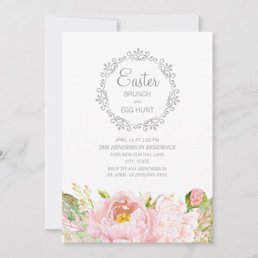 ピンクエレガントフローライースターブランチ卵狩り 招待状 (正面)