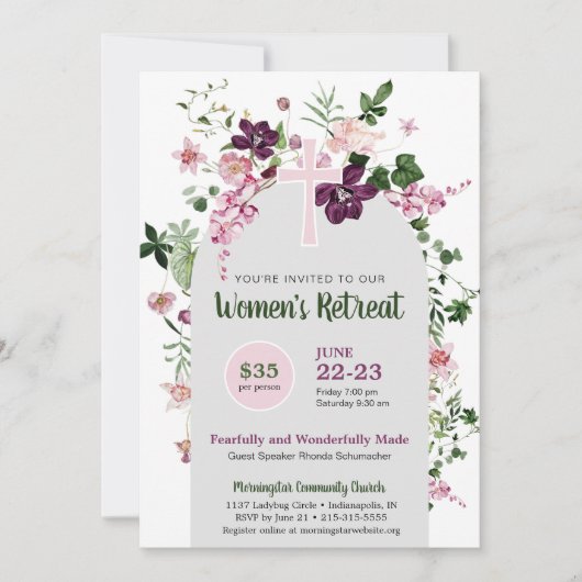 ピンクエレガントフローラウィメンズチャーチリトリート 招待状 (正面)