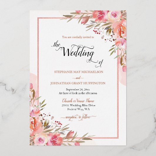 ピンクエレガントフローラウォーター結婚カラーのバラ金ゴールド 箔招待状 (正面)