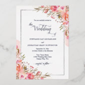 ピンクエレガントフローラウォーター結婚カラーの銀 箔招待状 (正面)