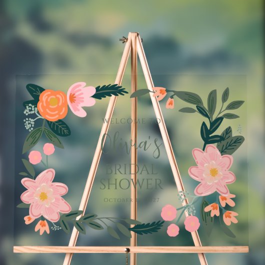 ピンクエレガントフローラカスタムブライダルシャワー歓迎 アクリルサイン (ニュートラル)