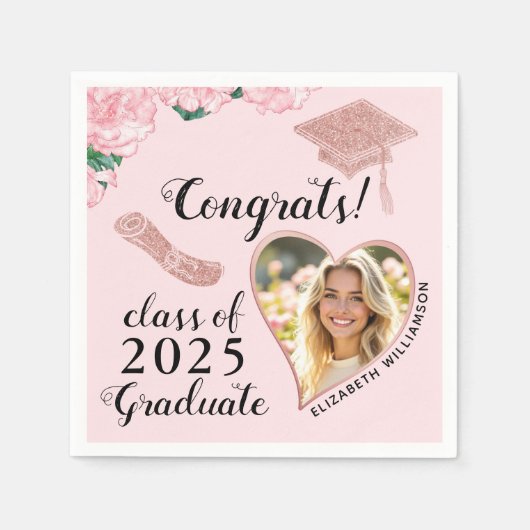 ピンクエレガントフローラカスタム写真卒業 スタンダードカクテルナプキン (正面)