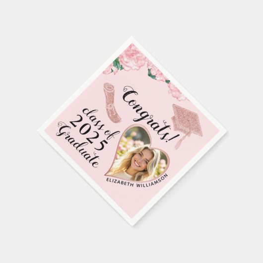 ピンクエレガントフローラカスタム写真卒業 スタンダードカクテルナプキン (角)