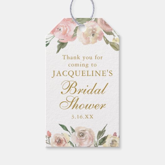 ピンクエレガントフローラカスタム金ゴールドブライダルシャワー ギフトタグ (正面)
