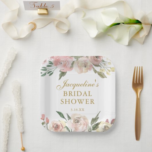 ピンクエレガントフローラカスタム金ゴールドブライダルシャワー ペーパープレート (ウェディング)