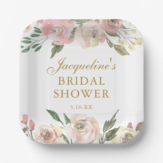 ピンクエレガントフローラカスタム金ゴールドブライダルシャワー ペーパープレート (正面)