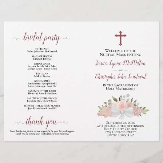 ピンクエレガントフローラカトリック結婚式 プログラム (正面)