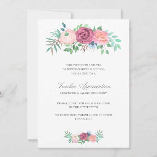 ピンクエレガントフローラガーランド先生デー 招待状 (正面)