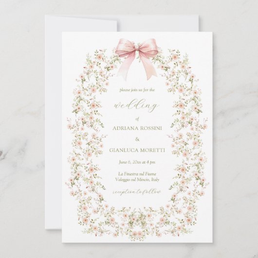 ピンクエレガントフローラガーリーコケッ結婚ト 招待状 (正面)