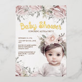 ピンクエレガントフローラガールゴールドフォイルベビーシャワー 箔招待状 (正面)