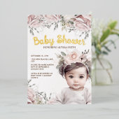 ピンクエレガントフローラガールゴールドフォイルベビーシャワー 箔招待状 (立ち正面)