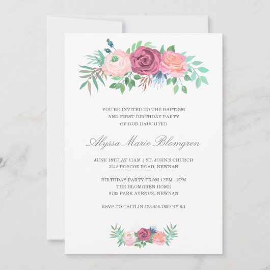 ピンクエレガントフローラガールバプティスファースト誕生日 招待状 (正面)