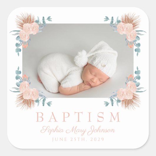 ピンクエレガントフローラガールバプテスマ写真 スクエアシール (正面)