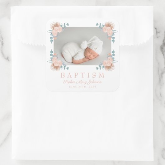 ピンクエレガントフローラガールバプテスマ写真 スクエアシール (バッグ)