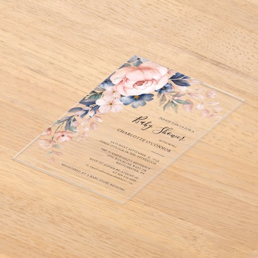 ピンクエレガントフローラガールベビーシャワー アクリル招待状 (レイダウン)