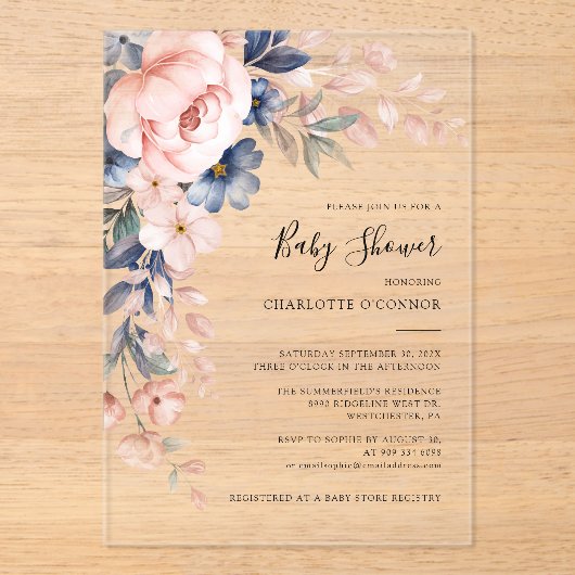 ピンクエレガントフローラガールベビーシャワー アクリル招待状 (正面)