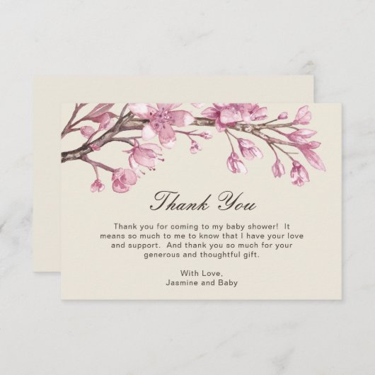 ピンクエレガントフローラガールベビーシャワー サンキューカード (正面/裏面)