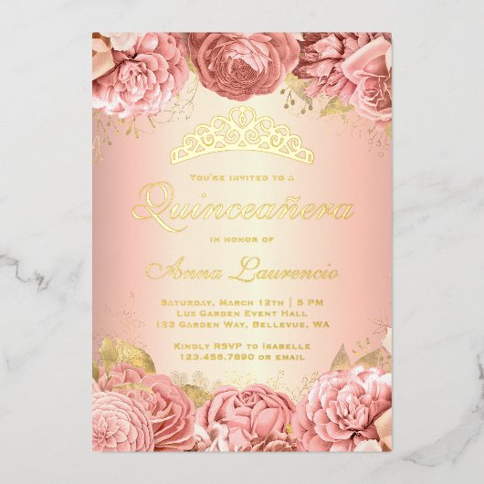 ピンクエレガントフローラキンセアニェラ15誕生日 箔招待状 (正面)