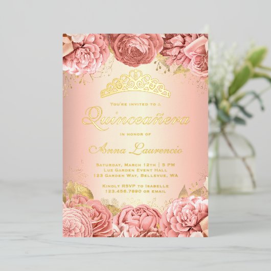 ピンクエレガントフローラキンセアニェラ15誕生日 箔招待状 (立ち正面)