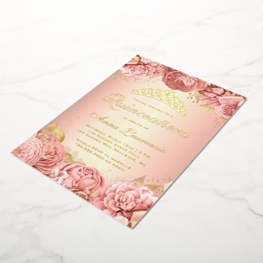 ピンクエレガントフローラキンセアニェラ15誕生日 箔招待状 (回転した状態)