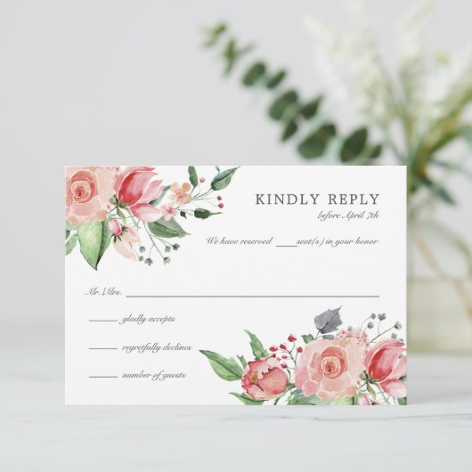 ピンクエレガントフローラキンセアニラ誕生日 出欠カード (スタンド正面)