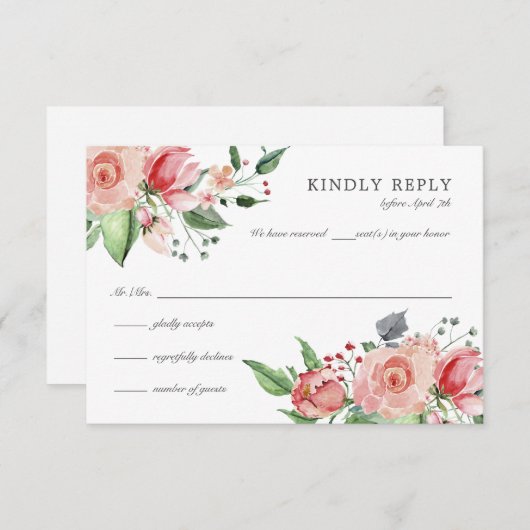 ピンクエレガントフローラキンセアニラ誕生日 出欠カード (正面/裏面)