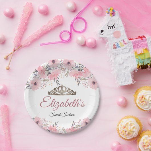 ピンクエレガントフローラクラウンスウィート16誕生日 ペーパープレート (パーティー)
