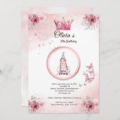ピンクエレガントフローラクラウン15番目の誕生日招待状 (正面/裏面)