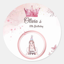 ピンクエレガントフローラクラウン15誕生日ステッカー ラウンドシール