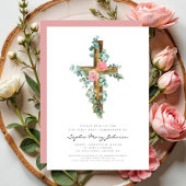 ピンクエレガントフローラクロスガールファースト聖餐式 招待状