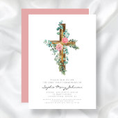 ピンクエレガントフローラクロスガールファースト聖餐式 招待状