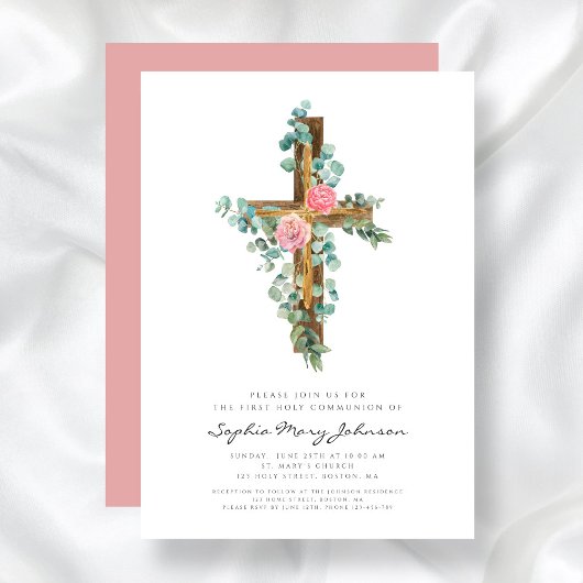 ピンクエレガントフローラクロスガールファースト聖餐式 招待状