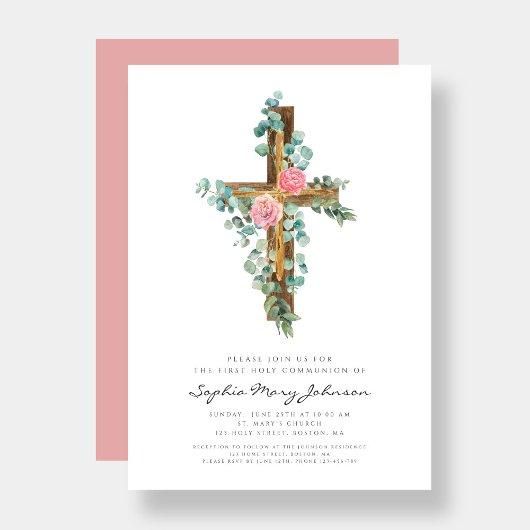 ピンクエレガントフローラクロスガールファースト聖餐式 招待状