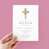 ピンクエレガントフローラクロスバプテスマ 招待状