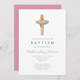 ピンクエレガントフローラクロスバプテスマ 招待状