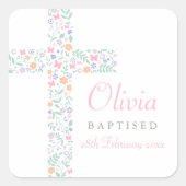 ピンクエレガントフローラクロスベビーガールバプテスマ スクエアシール (正面)