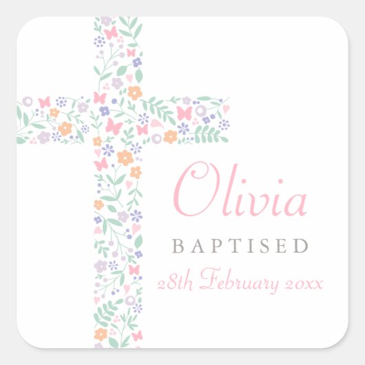 ピンクエレガントフローラクロスベビーガールバプテスマ スクエアシール (正面)