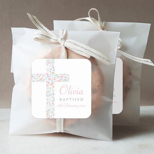 ピンクエレガントフローラクロスベビーガールバプテスマ スクエアシール