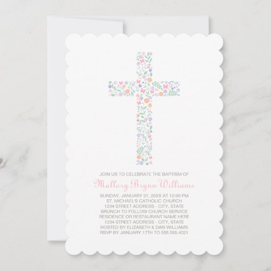 ピンクエレガントフローラクロスベビーガールバプテスマ 招待状 (正面)