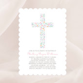 ピンクエレガントフローラクロスベビーガールバプテスマ 招待状