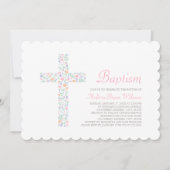 ピンクエレガントフローラクロスベビーガールバプテスマ 招待状