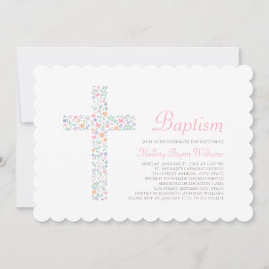 ピンクエレガントフローラクロスベビーガールバプテスマ 招待状 (正面)